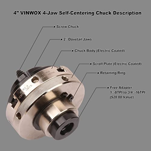 VINWOX SCR4-4 Wood Lathe Chuck, 4-Jaw Self-Centering Chuck, with 1"x8TPI thread & 3/4"x16TPI Adapter, 3 Years Warranty