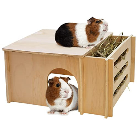 Fhiny Guinea Pig Wood House with Hay Feeder, Detachable Chinchilla Hut Hideout Small Animal Hideout Hideaway Natural Hamster Habitat Decor for Guinea Fhiny