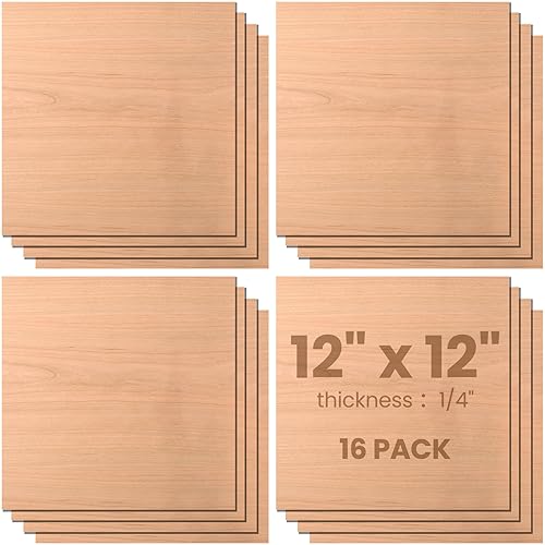 Geetery 16 Pcs 12 x12 Cherry Plywood Sheets 1/4 Unfinished Wood Sheets for Crafts 6.5mm Thin Plywood Wood for Laser Cutting and Engraving, Cutting,