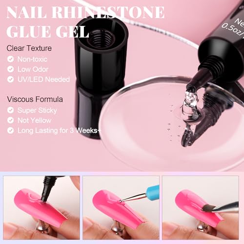 3D Nail Charms, Manicure Kit with Nail Rhinestone Glue Gel (UV Curing), Butterfly White Pink Flower Starry AB Gems Caviar Beads Half Round Pearl & BELLEBOOST