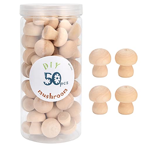 Wooden Mushroom Ornament, Unfinished Mushrooms, 50pcs Wood Mushroom DIY Toy in Clear Box, Plain Unpainted Mini Mushroom for Arts and Crafts Projects AUNMAS