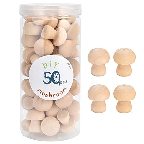 Wooden Mushroom Ornament, Unfinished Mushrooms, 50pcs Wood Mushroom DIY Toy in Clear Box, Plain Unpainted Mini Mushroom for Arts and Crafts Projects AUNMAS