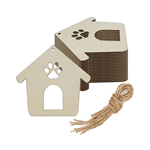 20pcs Wooden Dog Paw House Cutout Crafts Cat Claw House Wood Hanging Ornaments Gift Tags for DIY Project Wedding Birthday Party Decorations - WoodArtSupply