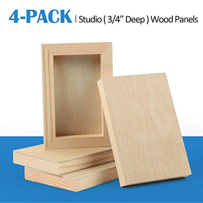 Falling in Art Unfinished Birch Wood Panels Kit for Painting, Wooden Canvas 4 Pack of 4x6’’ Studio 3/4’’ Deep, Cradle Boards for Pouring, Art,