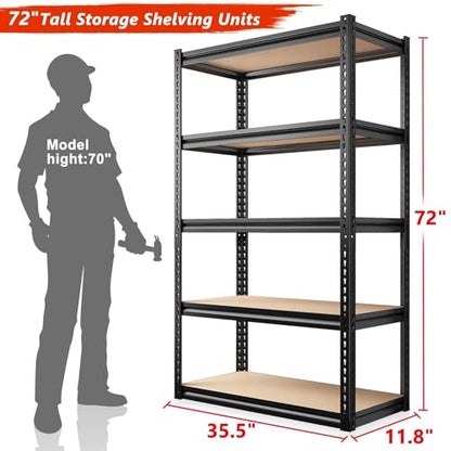 REIBII Heavy Duty 72" Adjustable Garage Shelving Unit - 5 Tier Metal Storage Shelves, 2000LBS Capacity - WoodArtSupply