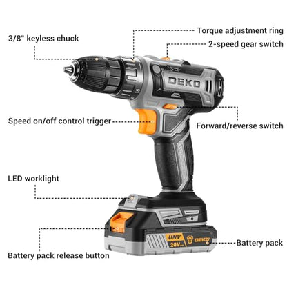 Power Drill Cordless: DEKO PRO Cordless Drill 20V Electric Power Drill Set Tool Drills Cordless Set with Battery and Charger 20 Volt Drill Driver Kit