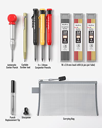 Nicpro 10 Pack Carpenter Pencil Set with Sharpener, Mechanical Carpenter Pencils with 21 Refill, Automatic Center Puncha and Carbide Scribe Tool, - WoodArtSupply