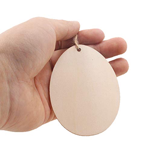 Amosfun 20pcs Unfinished Wood Easter Ornament Easter Egg Cutouts Hang Tags Gift Tags Treats Tags with Strings for DIY Craft Decor