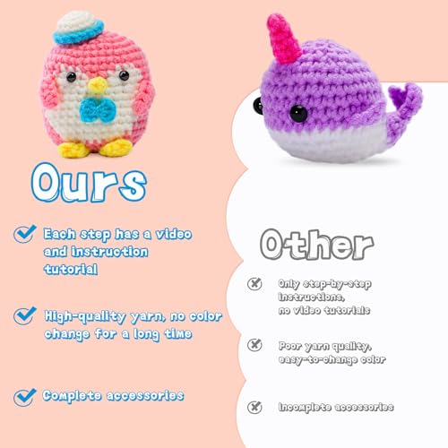 kgxulr Animal Crochet Kit, Knitting Kit for Beginner, Pink Penguin & Purple Whale Crochet Starter Kit for Complete Beginners Adults, Crocheting - WoodArtSupply