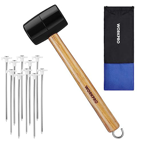 WORKPRO Tent Stakes and Hammer Set, 16oz Rubber Mallet Hammer, Wooden Handle, 10PC Heavy Duty Metal Tent Stakes and Storage Bag, DIY Woodworking, WORKPRO