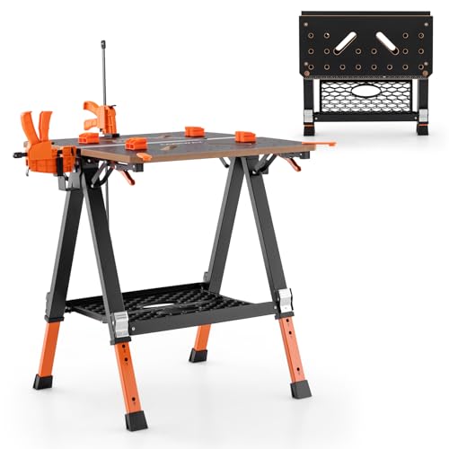 S AFSTAR 2-in-1 Folding Work Table & Sawhorse, 1000 lbs Max Load Portable Workbench w/ 2 Quick Clamps & 4 Clamp Dogs, 8 Adjustable Heights & Extra