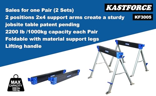 KASTFORCE Folding Sawhorse 2200 lb /1000kg capacity Heavy Duty Jobsite Table Stand with Folding Legs Twin Pack KF3005 - WoodArtSupply