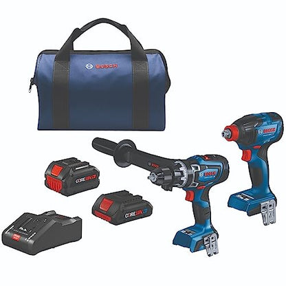 BOSCH GXL18V-260B26 18V 2-Tool Combo Kit with 1/2 In. Hammer Drill/Driver, 1/4 In. and 1/2 In. Two-In-One Bit/Socket Impact Driver, (1) CORE18V 8 Ah - WoodArtSupply