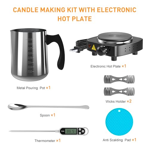 Candle Making kit with Hot Plate,Candle Making Supplies,Candle Making Kit  for Beginners with Melting Pot,Stirring Spoon,Thermometer and Anti-Scalding