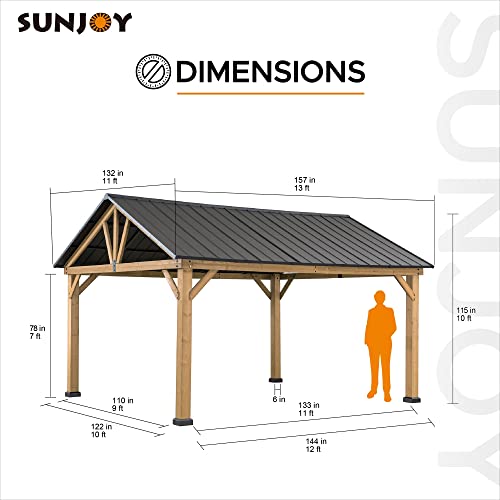 Sunjoy Wood Gazebo 11 x 13 ft. Outdoor Patio Premium Cedar Frame Gazebos with Matte Black Steel Gable Hardtop Roof for Garden, Backyard Shade, Black