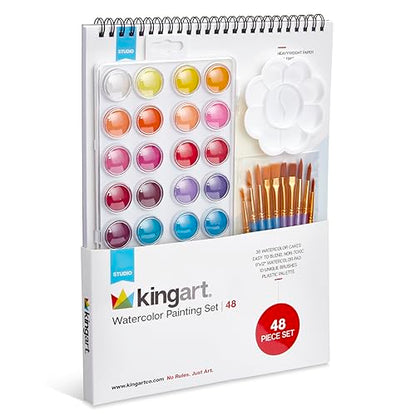 KINGART Studio Watercolor Painting Art Set - Paint, Brushes, Paper & Palette - WoodArtSupply