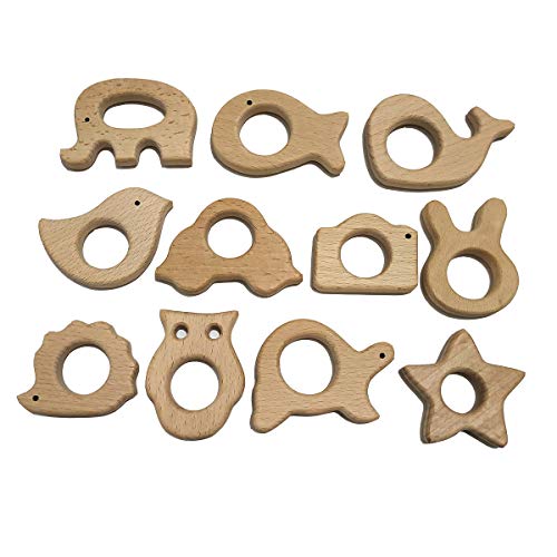 Nature Baby Teething Toys 11pc Wooden Teether Montessori Toys Wood Teether Rings Organic Infant Teether Handmade Pendant Set Shower Gift (Type 1) Alenybeby