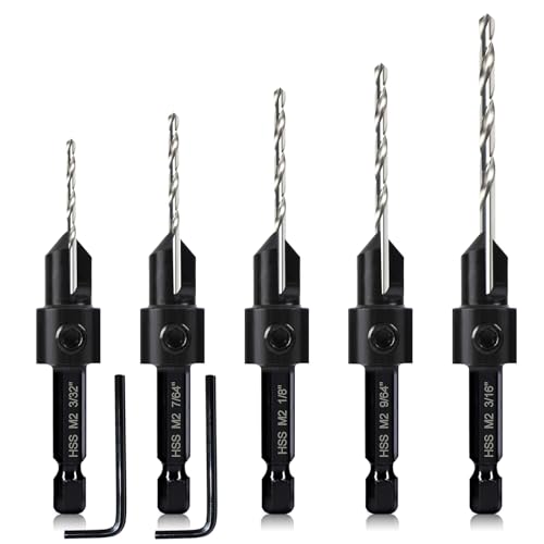 5-pc Woodworking Countersink Counterbore Drill Bit Set 3in1 for #6 8 10 12 16 Screws, M2 Pilot Drill Bits Adjustable Depth, 82-Degree Chamfer with