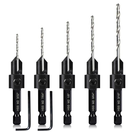 5-pc Woodworking Countersink Counterbore Drill Bit Set 3in1 for #6 8 10 12 16 Screws, M2 Pilot Drill Bits Adjustable Depth, 82-Degree Chamfer with - WoodArtSupply