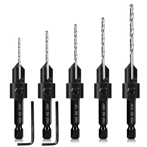 5-pc Woodworking Countersink Counterbore Drill Bit Set 3in1 for #6 8 10 12 16 Screws, M2 Pilot Drill Bits Adjustable Depth, 82-Degree Chamfer with - WoodArtSupply