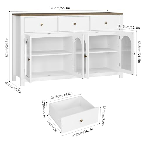 finetones Buffet Cabinet with Storage, 55.1" Large Sideboard Buffet Cabinet, Farmhouse Kitchen Cabinet Display Cabinet with 3 Drawers and 4 Doors, - WoodArtSupply