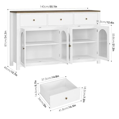 finetones Buffet Cabinet with Storage, 55.1" Large Sideboard Buffet Cabinet, Farmhouse Kitchen Cabinet Display Cabinet with 3 Drawers and 4 Doors, - WoodArtSupply