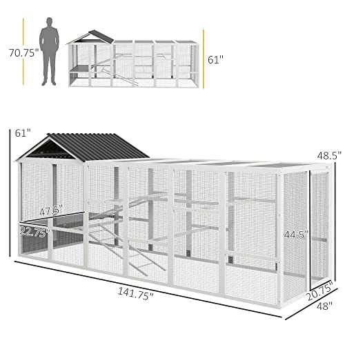 PawHut Wooden Chicken Coop Run for 6-10 Chickens, Hen House Add-On with Storage, Perches, 141.75" x 48" x 61", Gray - WoodArtSupply