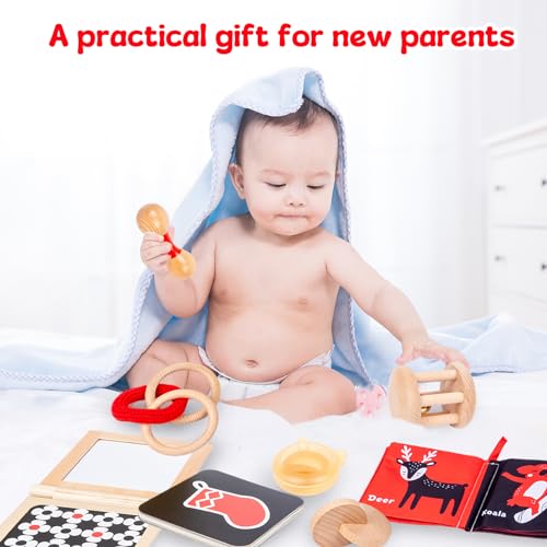 Montessori Play Kit for 0-6 Month Baby Tummy Time Interactive Toys Baby Brain Development Toys Rattle Montessori Toy Interlocking Rings Black, White Adena Montessori