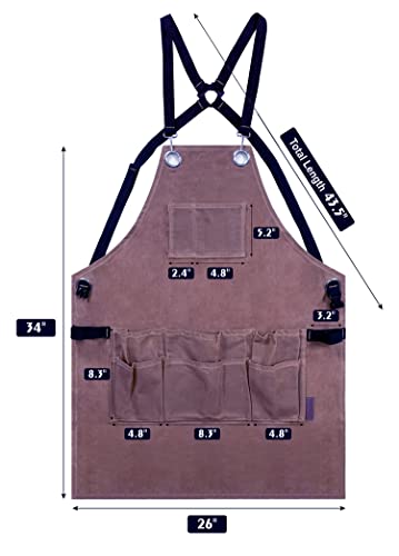 OPTIGRAM Waxed Canvas Durable Tool Apron, Heavy Duty Work Apron with 10 Pockets for Accessaries, Woodworking Work Shop Apron for Safty Protection OPTIGRAM