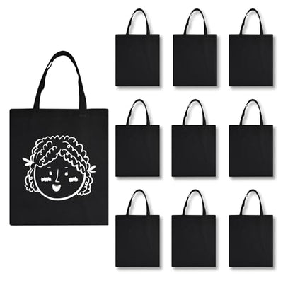 OKBA 10 PCS Tote bag,black canvas bags bulk, scrawl shopping bag，blank canvas tote bags for DIY craft and decorative craft 12.2 * 14.2 inches(31 *