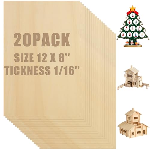 LANIAKEA 20 Pieces Plywood Sheets 8x12x1/16 Inch Rectangle Unfinished Basswood Wooden Sheets 1.5mm for Craft Hobby Model Making DIY Project, Wood - WoodArtSupply