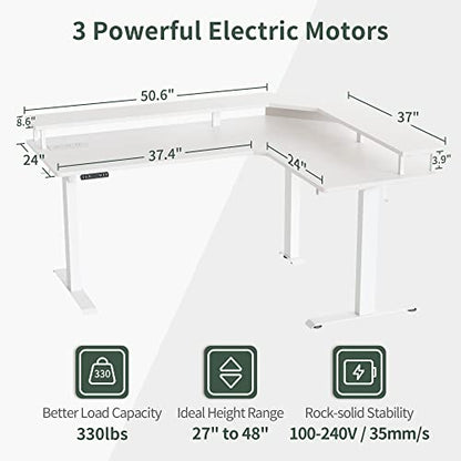 FEZIBO 63" Triple Motor L Shaped Standing Desk with LED Strip & Power Outlets, Height Adjustable Stand up Corner Gaming Desk with Ergonomic Monitor