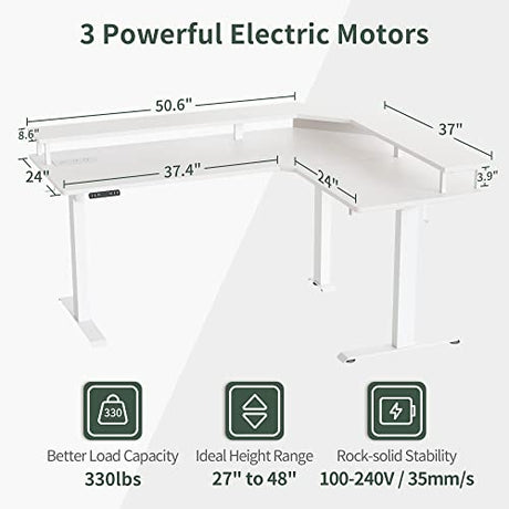 FEZIBO 63" Triple Motor L Shaped Standing Desk with LED Strip & Power Outlets, Height Adjustable Stand up Corner Gaming Desk with Ergonomic Monitor FEZIBO