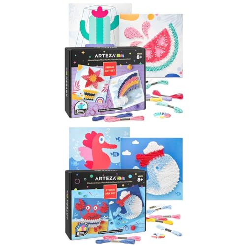 ARTEZA Kids String Art Kit, Set of 5 Assorted Designs and Kids String Art Kit Set of 5 Sea Animal Designs - WoodArtSupply