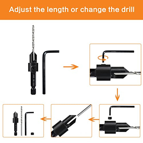 5-pc Woodworking Countersink Counterbore Drill Bit Set 3in1 for #6 8 10 12 16 Screws, M2 Pilot Drill Bits Adjustable Depth, 82-Degree Chamfer with - WoodArtSupply