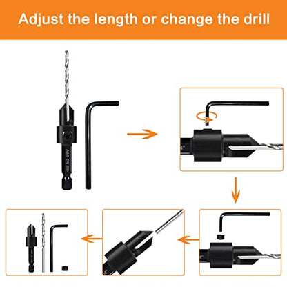 8 Pack Woodworking Countersink Drill Bits Set 3in1, Heavy Duty M2 Pilot Drill Bits Depth Adjustable, 82-Degree Chamfer, 1/4” Hex Shank, for