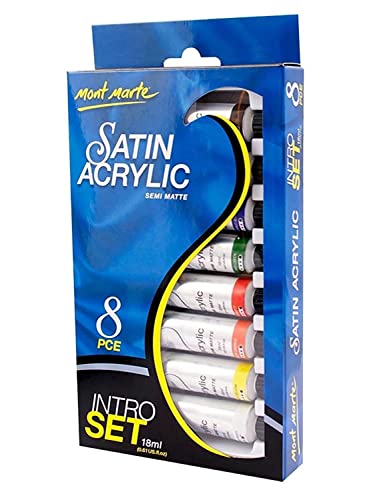 Mont Marte Premium Satin Acrylic Intro Set, 8 Piece, 0.6oz (18ml) Tubes, Semi-Matte Finish, Suitable for Most Surfaces Mont Marte