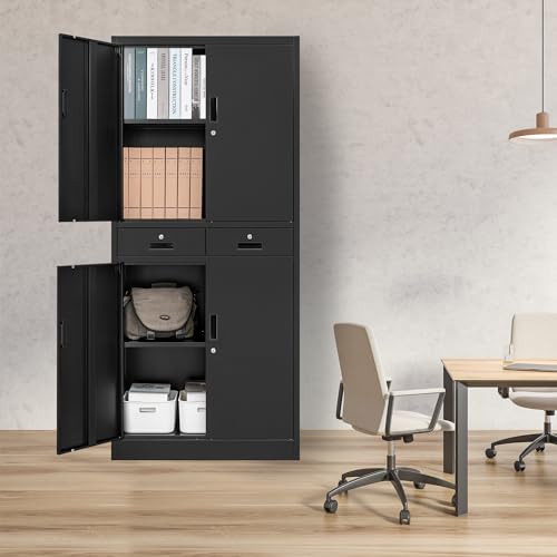 Metal Storage Cabinet，71" Garage Storage Cabinet with 2 Locking Drawer and 4 Adjustable Shelves ，Black Tool Cabinet，Lockable File Steel Cabinet for TaskStorz