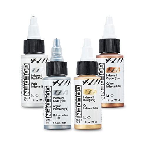 Golden Acrylics High Flow Acrylic Paint Set - 4 Iridescent Metallic Colors, Copper, Gold, Silver, Pearl - 1 Ounce Bottles - Metallic Acrylic Paint Golden Acrylics