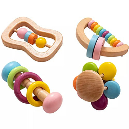 4pc Organic Colorful Baby Rattle Set Safe Food Grade Wood Rattle Soother Bracelet Teether Set Montessori Toddler Toy multicolored