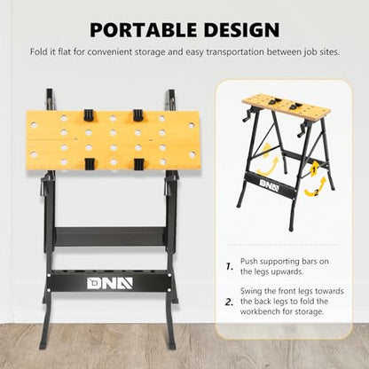 DNA MOTORING Adjustable Workbench - Portable Foldable Multi-Purpose, with Measuring Ruler and Protractor - Ideal for Garage, Home, DIY, and - WoodArtSupply