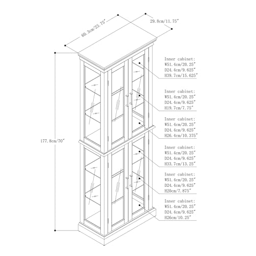 KeDiDo 70" Modern Curio Cabinet with Glass Doors and 6 Adjustable Shelves - WoodArtSupply