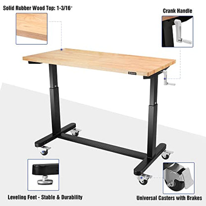 WORKPRO 48” Height Adjustable Work Table with Crank Handle and Casters, 48” x 24” Wooden Top Standing Desk Workbench, Heights from 29”-38”, 500 Lbs
