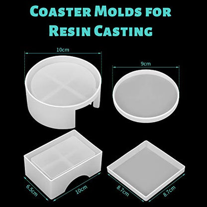 12 Pcs Resin Molds Set Epoxy Coaster Storage Box in Rectangle Round Silicone Casting Mold for Halloween DIY Art Craft Cup Mat
