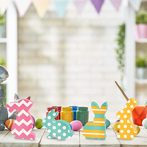 Whaline 8Pcs Easter Wooden Bunny Cutouts 4 Designs Unfinished Bunny Table Sign Pine Blank Wood Bunny Freestanding with Hemp Rope for Easter Spring Whaline