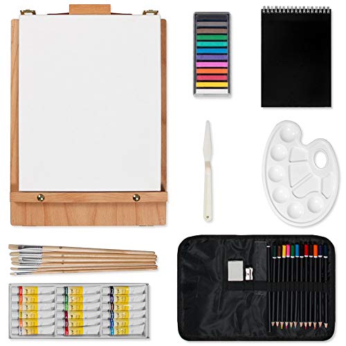 Kuyal Art Kit, 45 Piece Wooden Paint Set Crafts Drawing Painting Kit with Box Easel and 18 Acrylic Oil Paint Colors, 12 Color Pencil Etc. for Teens - WoodArtSupply