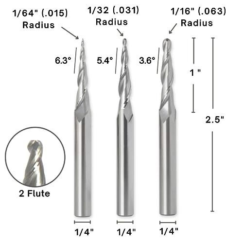 ROUTYBITS - 3 Pcs Tapered Ball Nose Router Bit Set - 1/32”, 1/16”, 1/8” Tip Diameter, 1/4 Inch Dia Shank, Solid Carbide, Spiral End Mills for 3D CNC RoutyBits