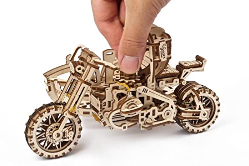 UGEARS Motorcycle with Sidecar 3D Puzzles - UGR-10 Motorcycle Scrambler Wooden Model Kits for Adults to Build - Retro Design Sidecar Motorbike Model UGEARS