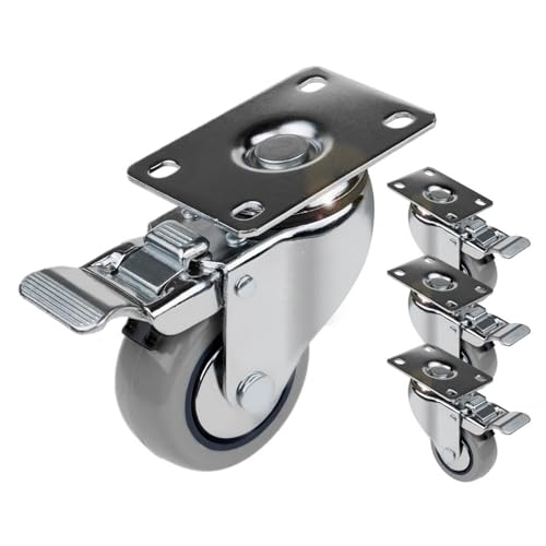 POWERTEC 3 Inch Swivel Caster Wheels Set of 4 with Brake & 880 lbs Loads, Heavy Duty Plate Casters, Dual Locking PU Castor Wheels for Furniture, POWERTEC