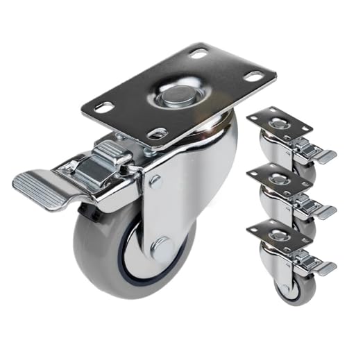 POWERTEC 3 Inch Swivel Caster Wheels Set of 4 with Brake & 880 lbs Loads, Heavy Duty Plate Casters, Dual Locking PU Castor Wheels for Furniture, - WoodArtSupply